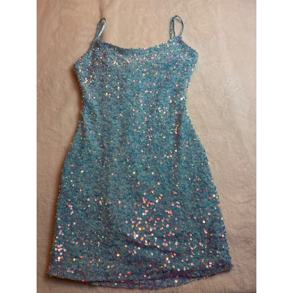 B. Smart Womens Blue Iridescent Sequin Mini Dress Size 8 Party Homecoming